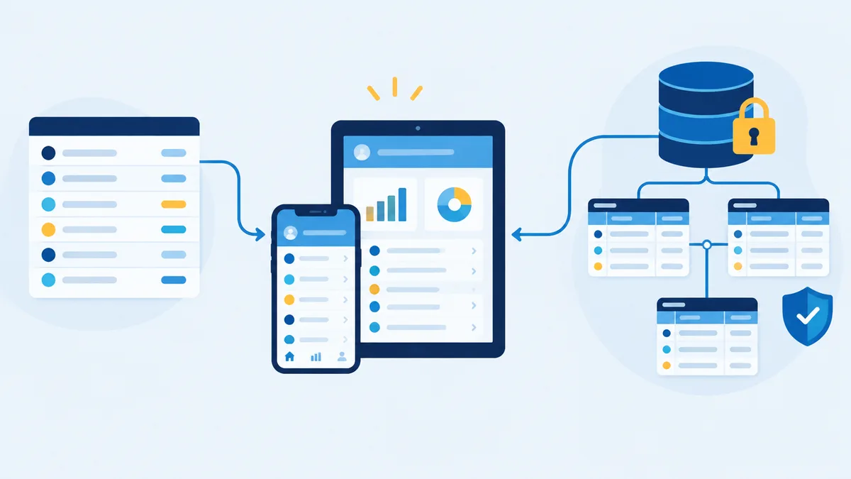 A simple list on one side and a connected relational database on the other, both feeding a business app