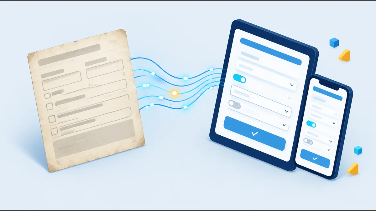 A faded paper-style form turning into a modern digital form on a tablet and a phone