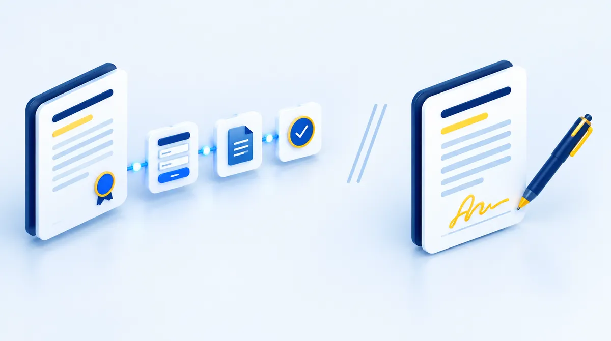 A contract connected to an automated workflow on one side and a standalone signed contract on the other