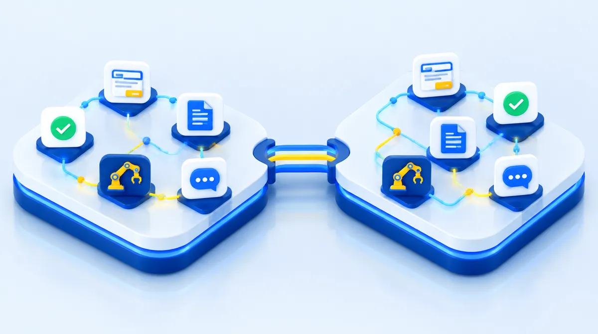 Two automation platforms side by side, connected by a bridge of workflow steps