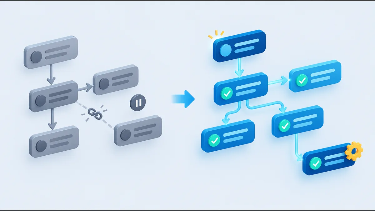 A broken grey workflow diagram rebuilt as a bright connected workflow with approval checkmarks