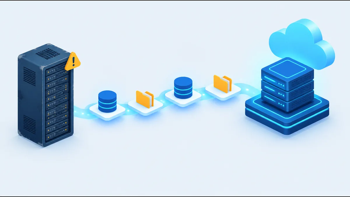 An on-premises server with a warning badge sending databases and folders along a path to a modern platform and the cloud