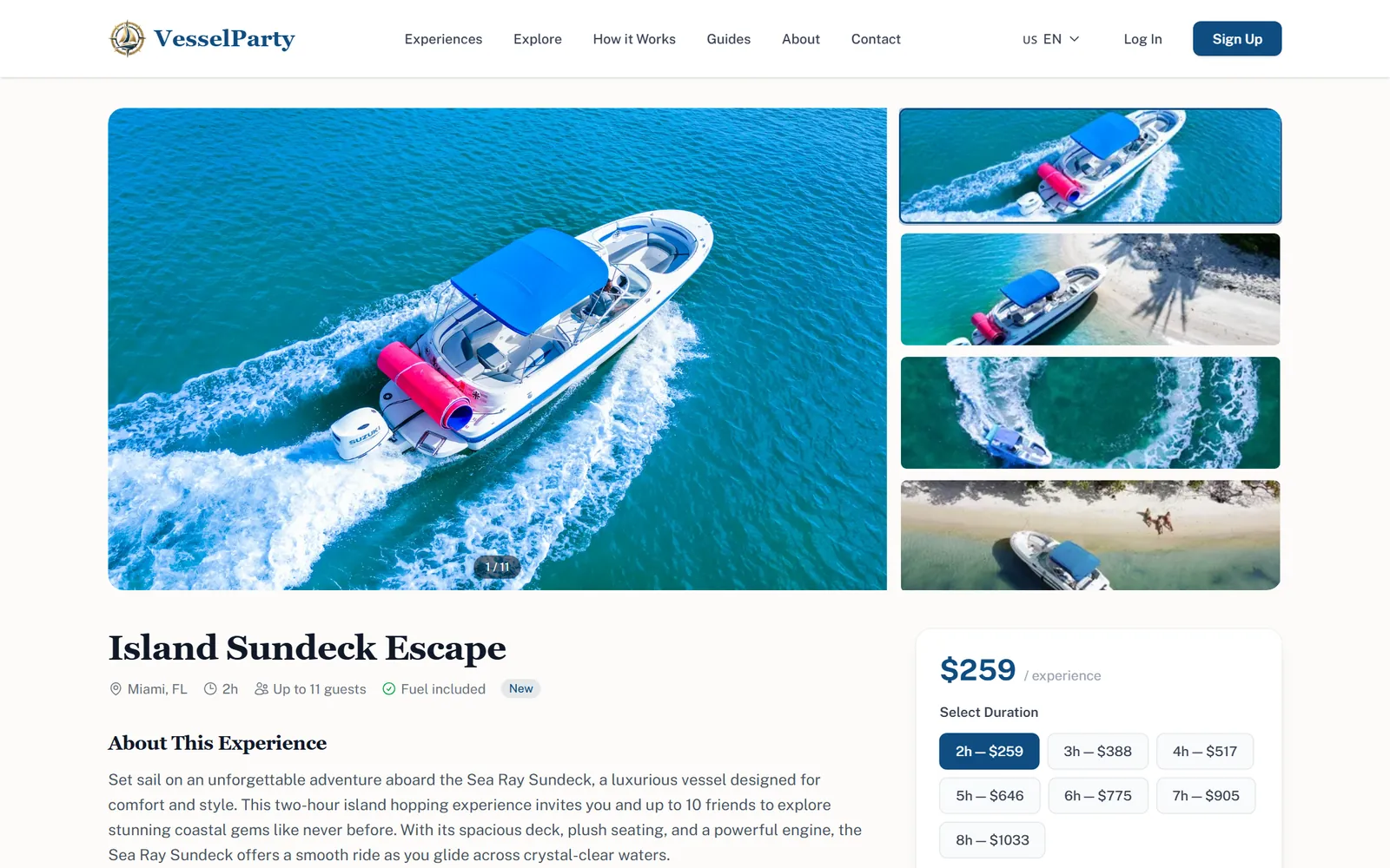 Experience page with photo gallery, trip details and price by duration