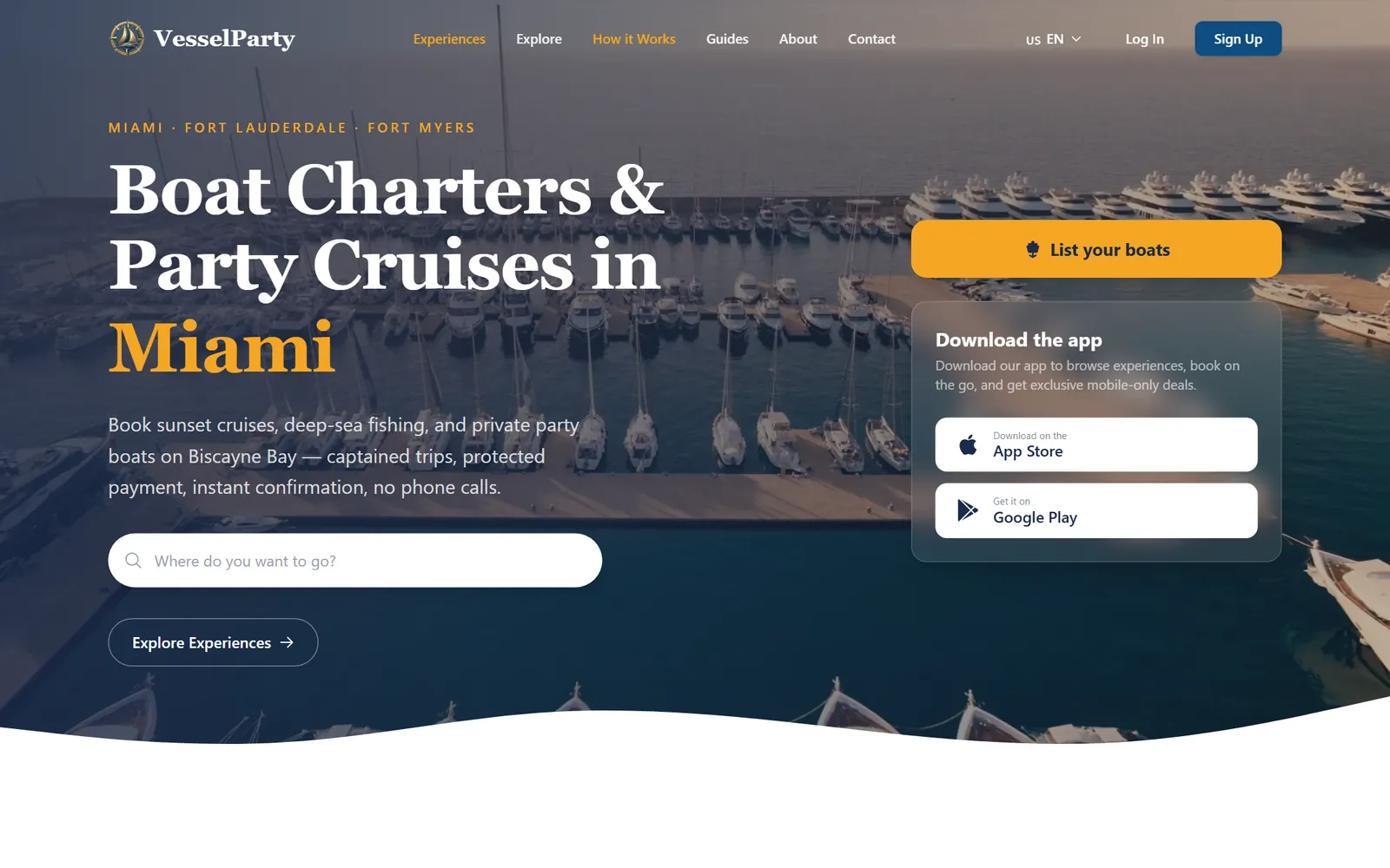VesselParty home page: boat charters and party cruises in Miami, with search and app download links