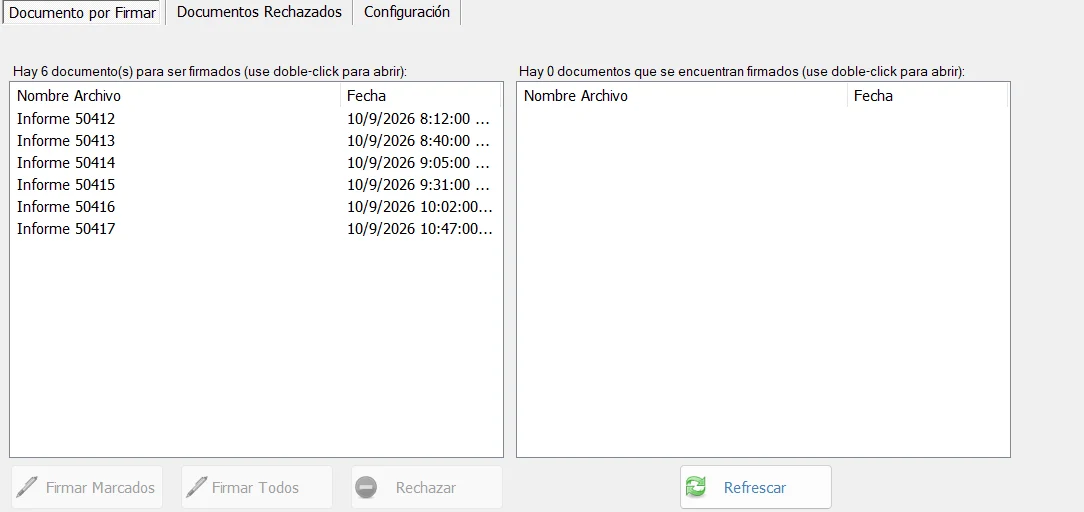 SignRelay with six reports waiting for signature, pulled from the lab system
